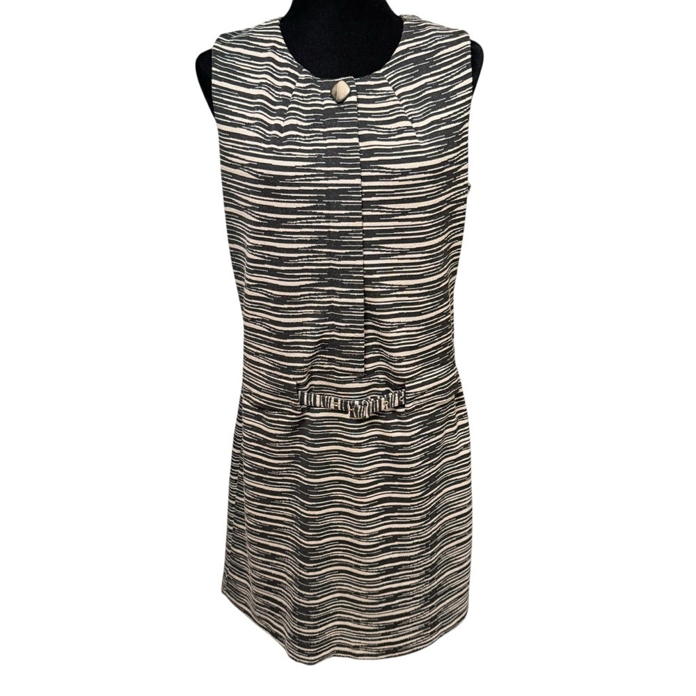 Trina Turk Black Tan Striped Belted Sheath Dress Size 8 Made in USA